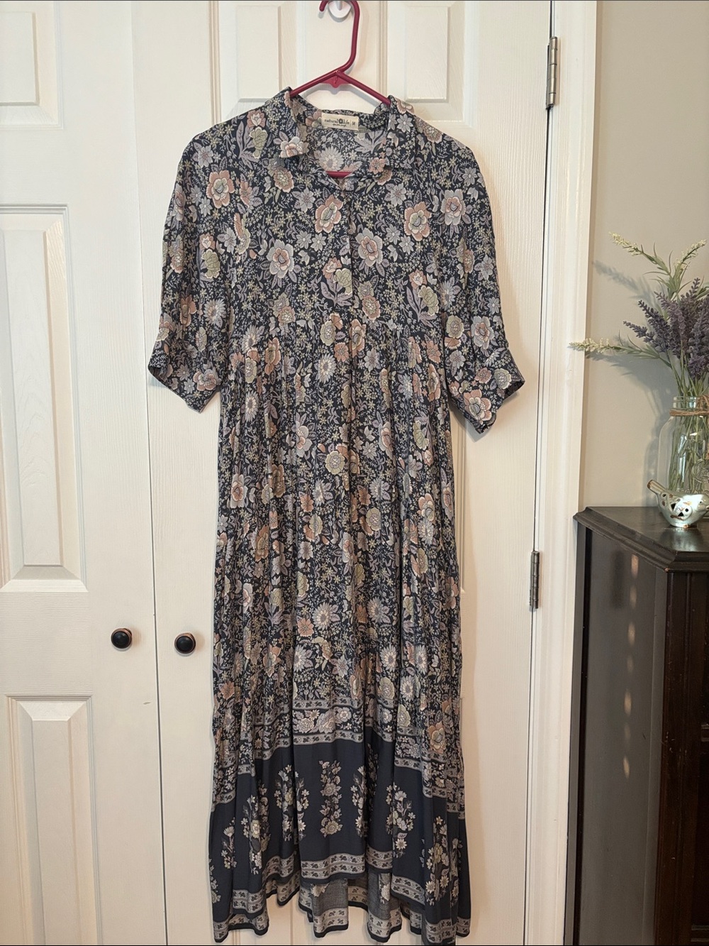 NATURAL LIFE Navy Floral Midi Dress with Cream and Blush Accents